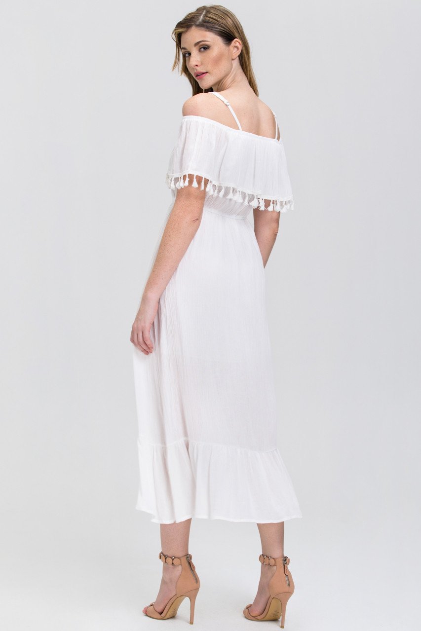 White Tassel Trim off the Shoulder Summer Maxi Dress - ownthelooks-Development White Tassel Trim off the Shoulder Summer Maxi Dress - ownthelooks-Development