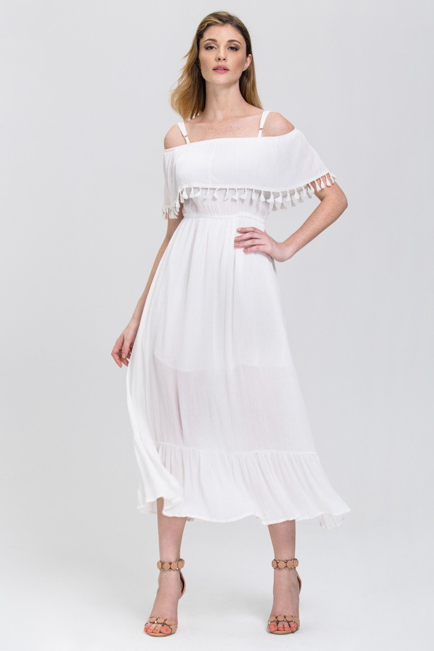 White Tassel Trim off the Shoulder Summer Maxi Dress - ownthelooks-Development White Tassel Trim off the Shoulder Summer Maxi Dress - ownthelooks-Development