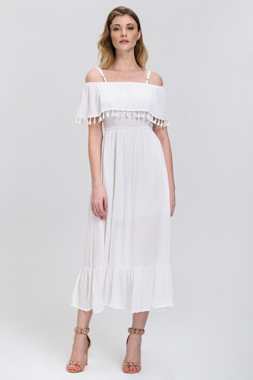 White Tassel Trim off the Shoulder Summer Maxi Dress - ownthelooks-Development White Tassel Trim off the Shoulder Summer Maxi Dress - ownthelooks-Development