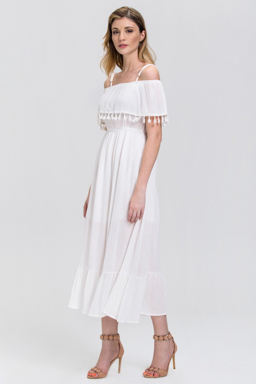 White Tassel Trim off the Shoulder Summer Maxi Dress - ownthelooks-Development White Tassel Trim off the Shoulder Summer Maxi Dress - ownthelooks-Development