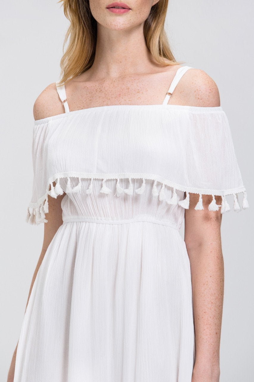 White Tassel Trim off the Shoulder Summer Maxi Dress - ownthelooks-Development White Tassel Trim off the Shoulder Summer Maxi Dress - ownthelooks-Development