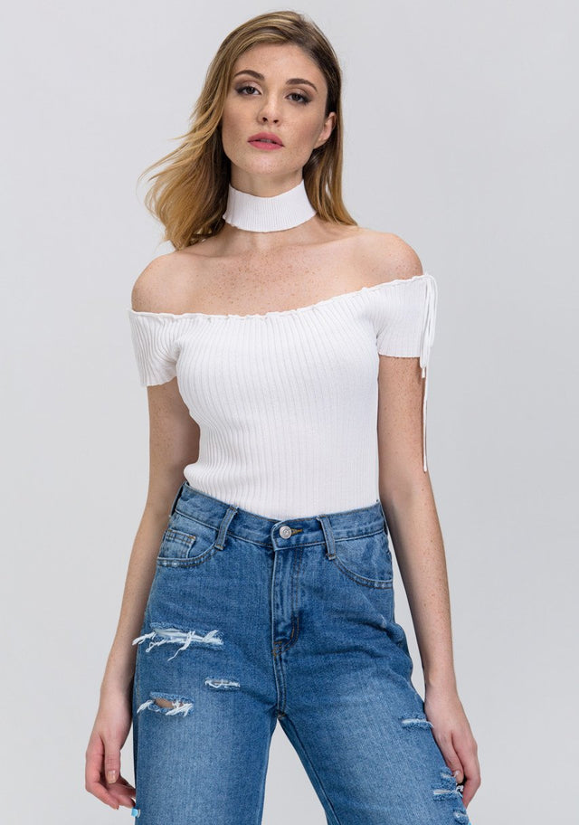 Rania Fawaz - White Off the Shoulder Bodycon Choker Top - ownthelooks-Development