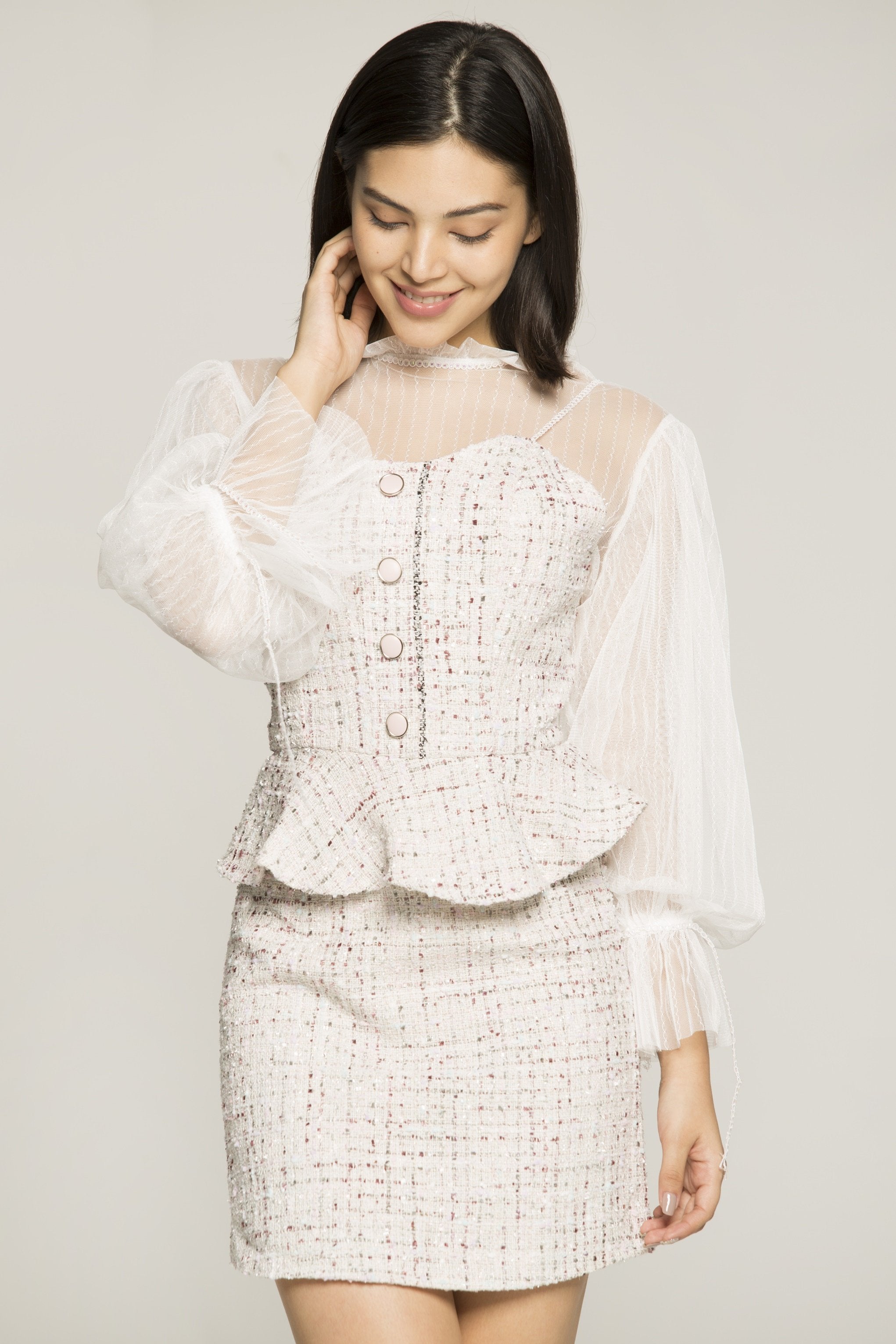 Cream Bell Sleeves Tie Up Collar Tweed Top and Bottom - ownthelooks-Development Cream Bell Sleeves Tie Up Collar Tweed Top and Bottom - ownthelooks-Development