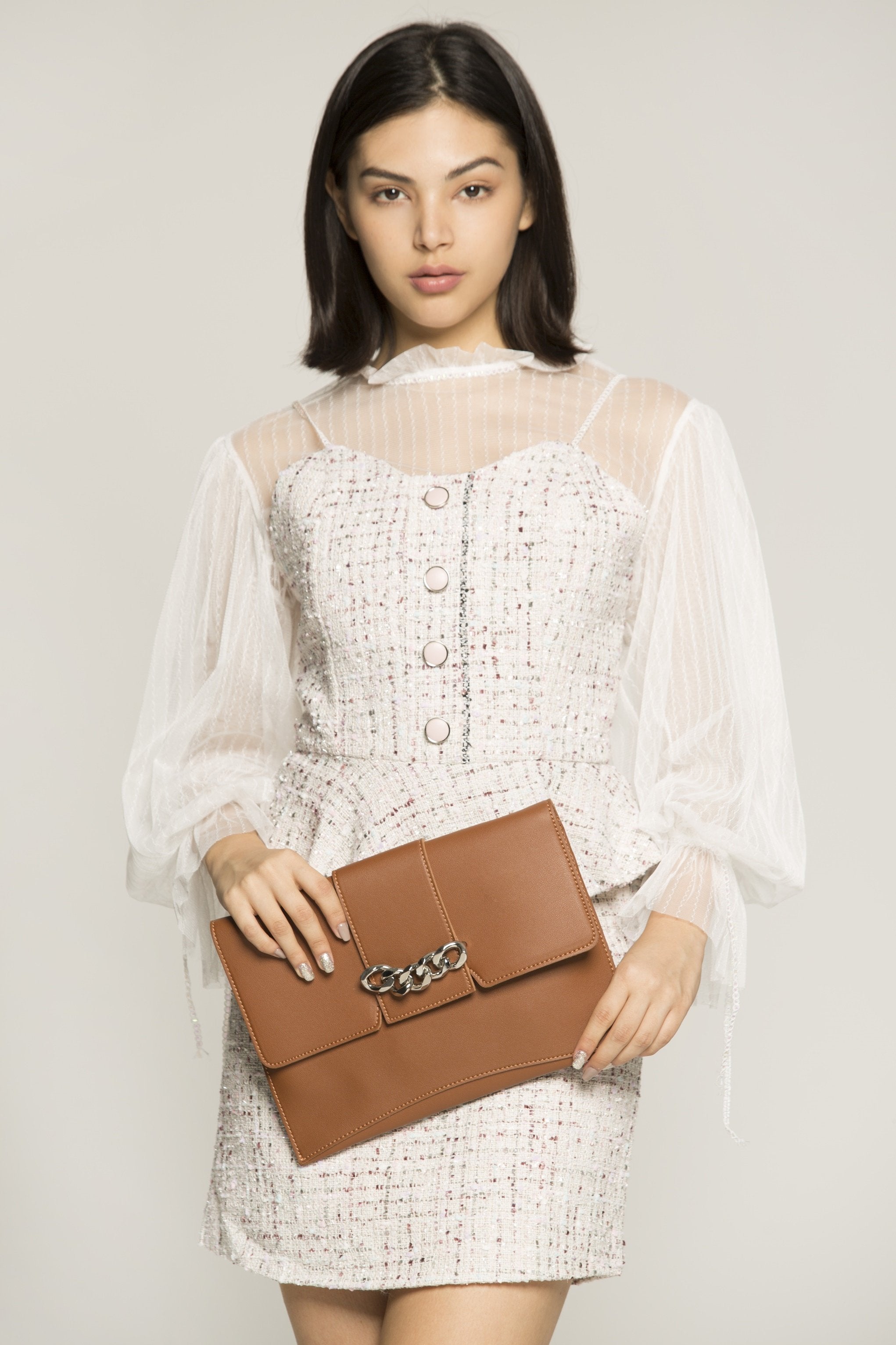 Cream Bell Sleeves Tie Up Collar Tweed Top and Bottom - ownthelooks-Development Cream Bell Sleeves Tie Up Collar Tweed Top and Bottom - ownthelooks-Development