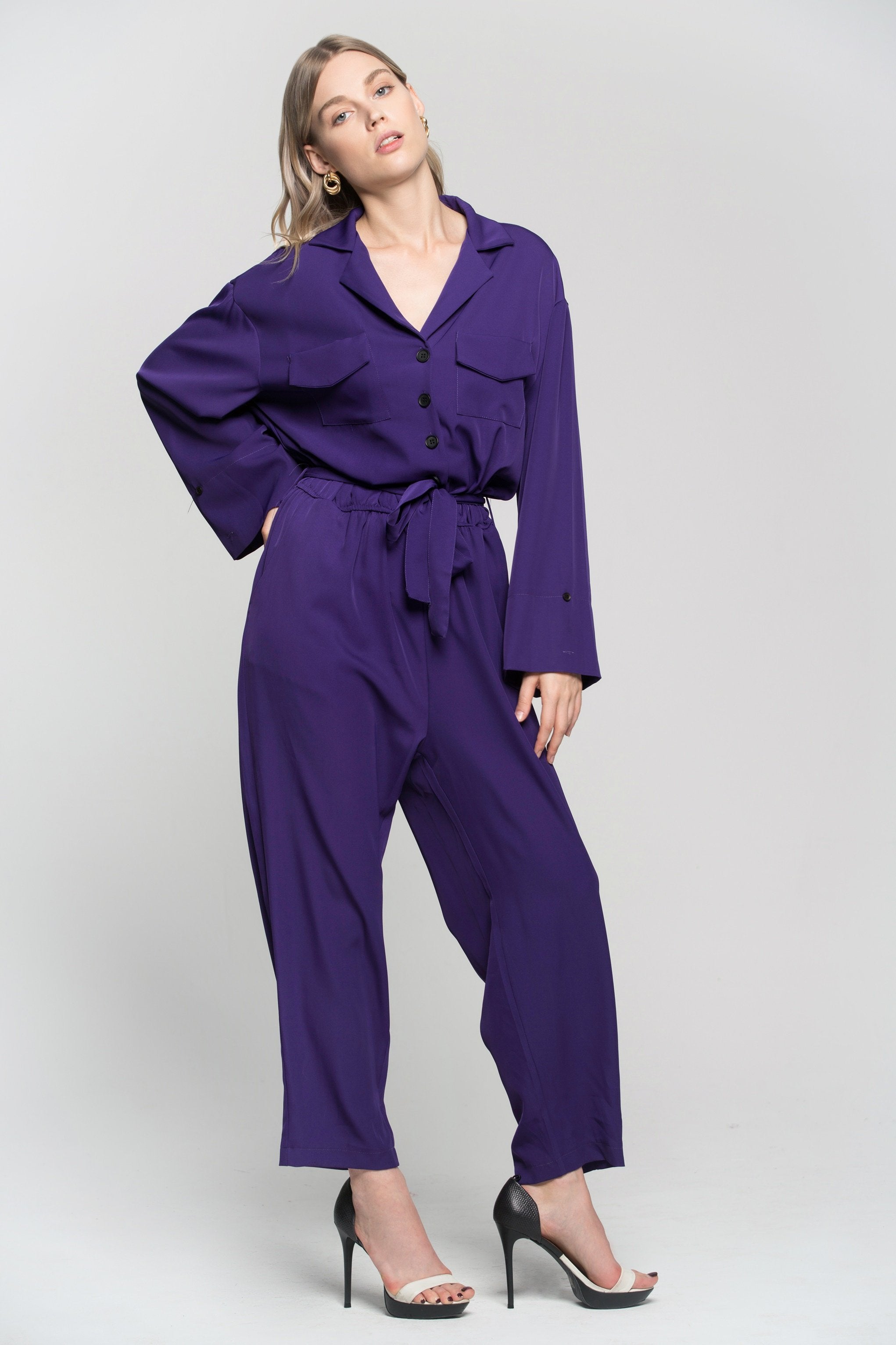 Royal Purple Notched Collar Jumpsuit - ownthelooks-Development Royal Purple Notched Collar Jumpsuit - ownthelooks-Development