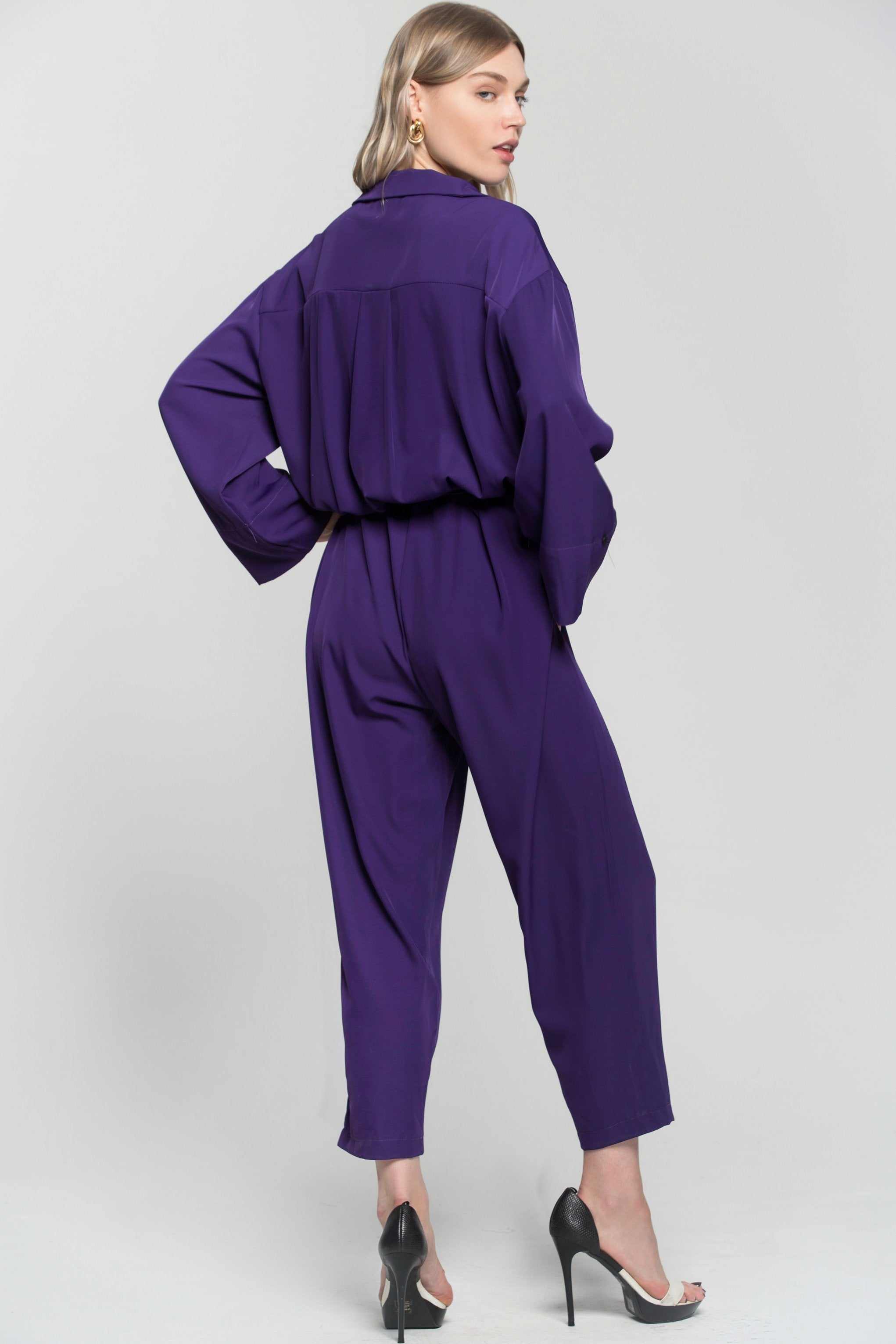 Royal Purple Notched Collar Jumpsuit - ownthelooks-Development Royal Purple Notched Collar Jumpsuit - ownthelooks-Development