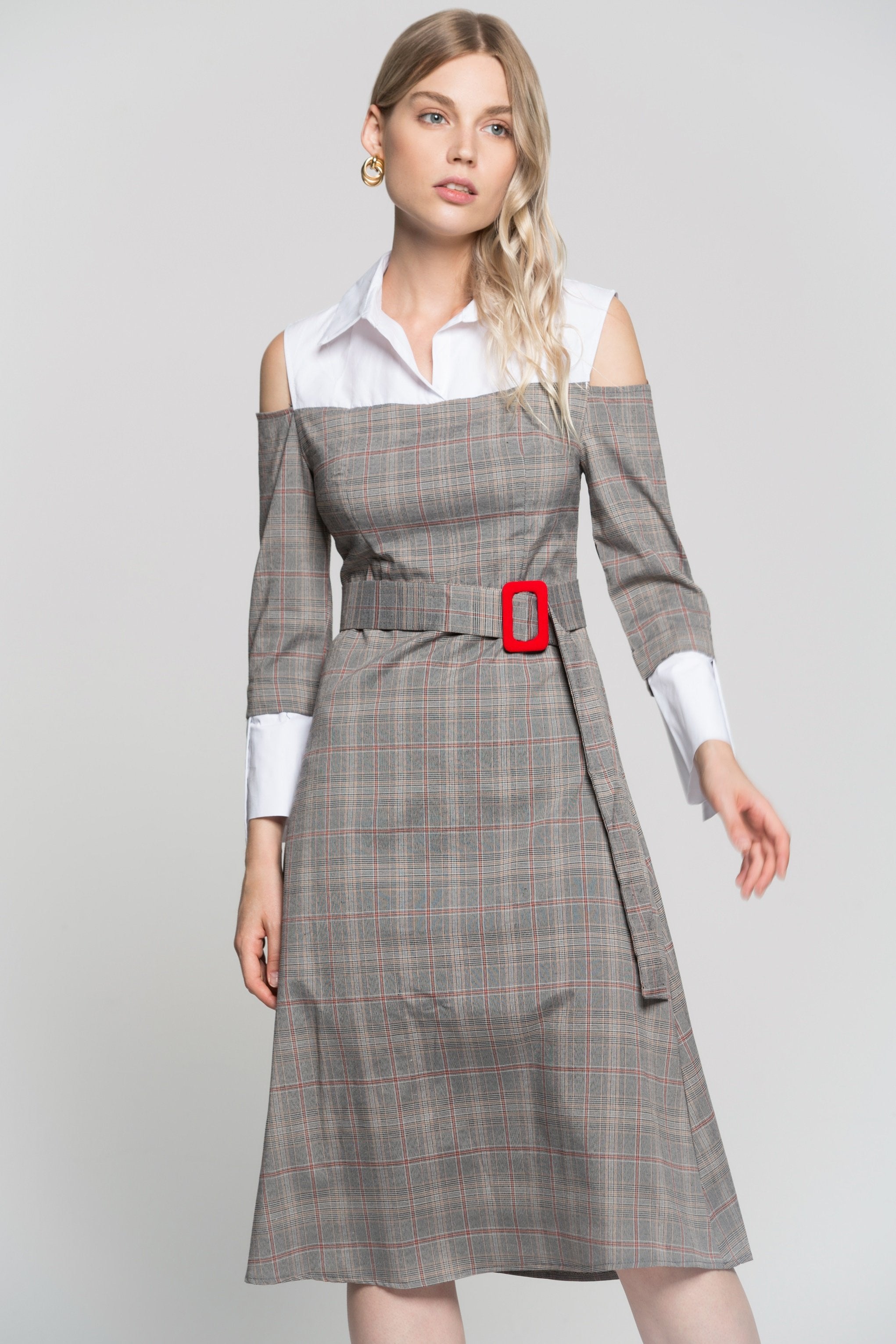 White Cold Shoulder With Grey Glen Check Print Midi Dress - ownthelooks-Development White Cold Shoulder With Grey Glen Check Print Midi Dress - ownthelooks-Development