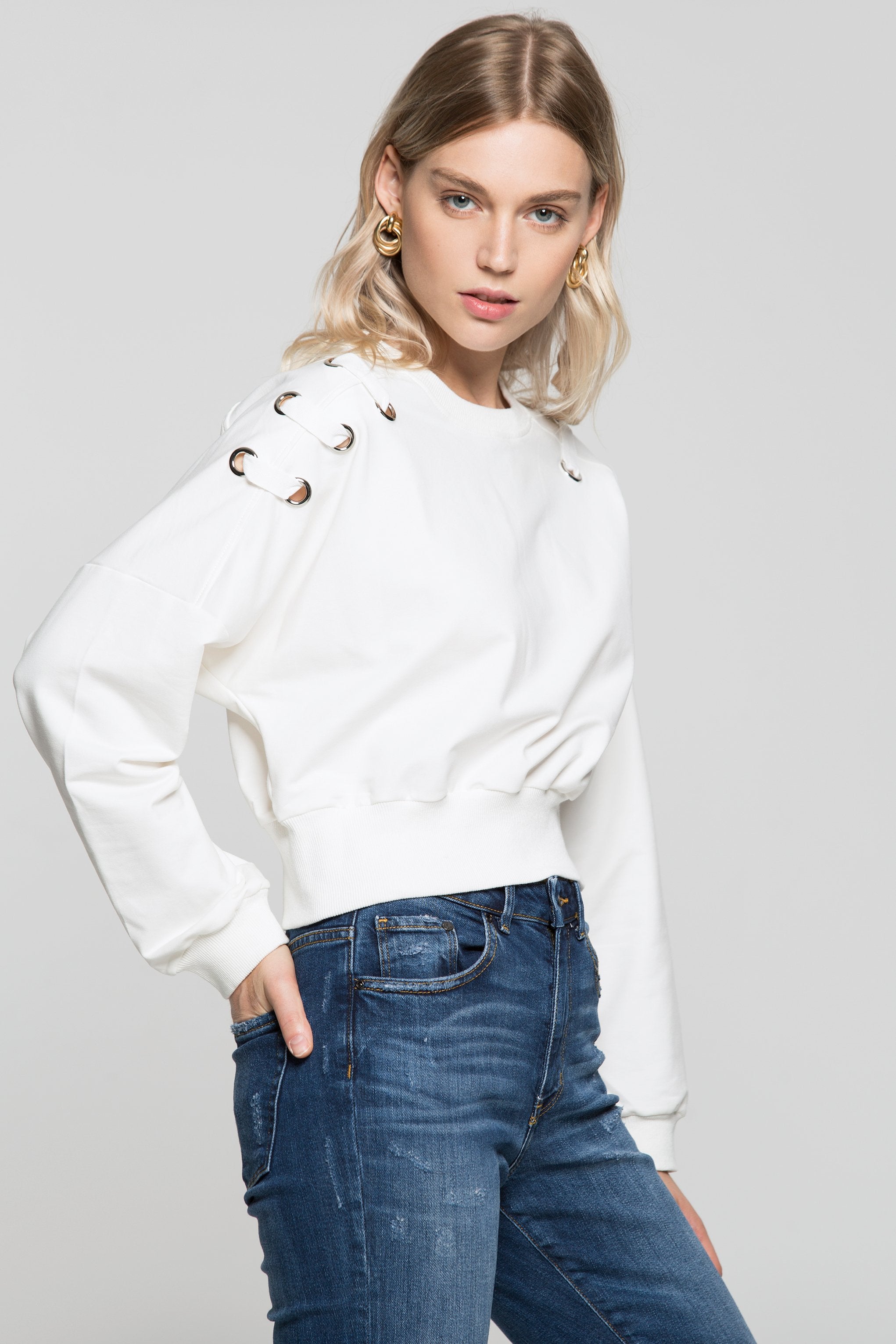 White Solid Shoestring Full Sleeves Sweatshirt - ownthelooks-Development White Solid Shoestring Full Sleeves Sweatshirt - ownthelooks-Development