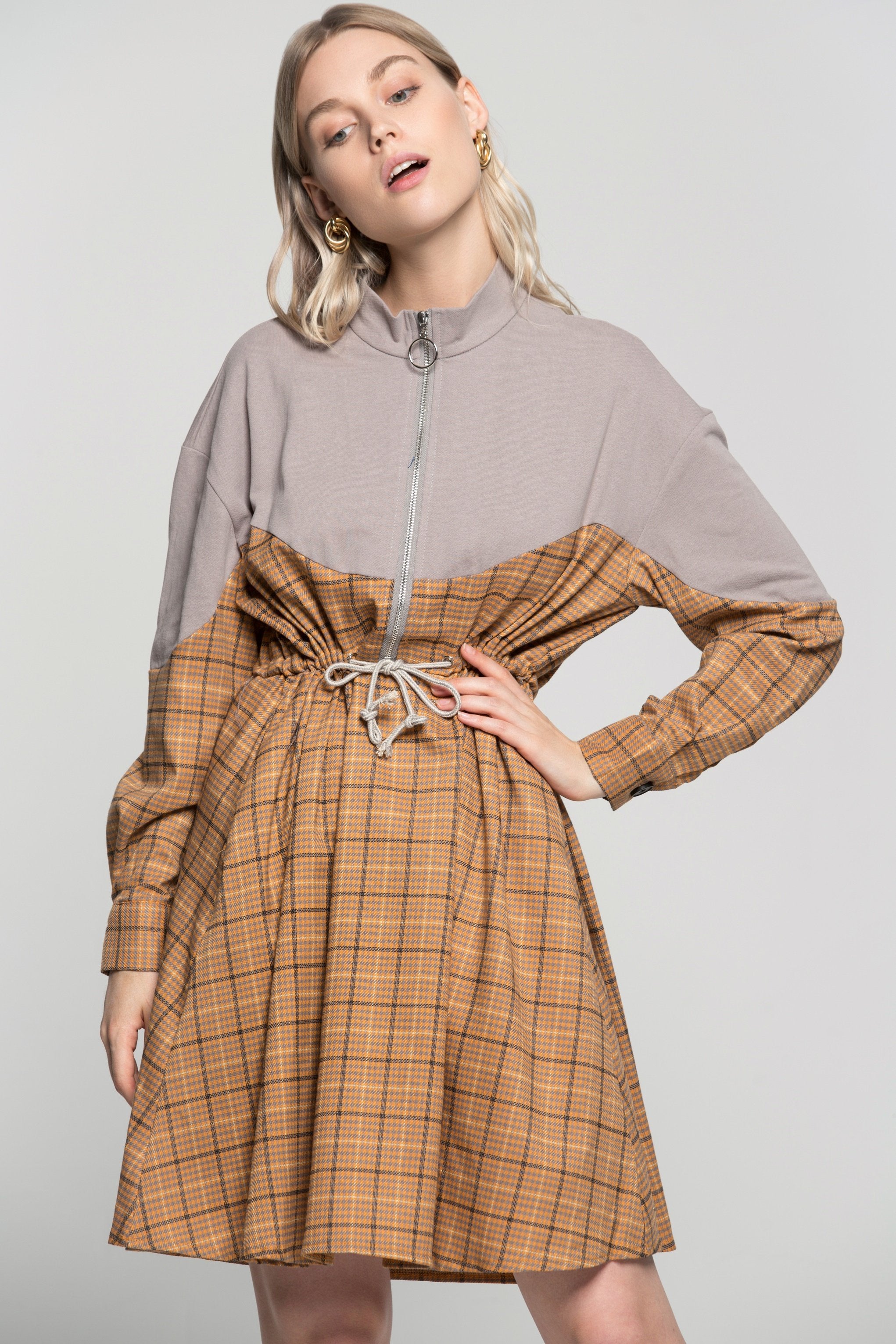 Heather Grey Zip Up Tattersall Print Drawstring Dress - ownthelooks-Development Heather Grey Zip Up Tattersall Print Drawstring Dress - ownthelooks-Development