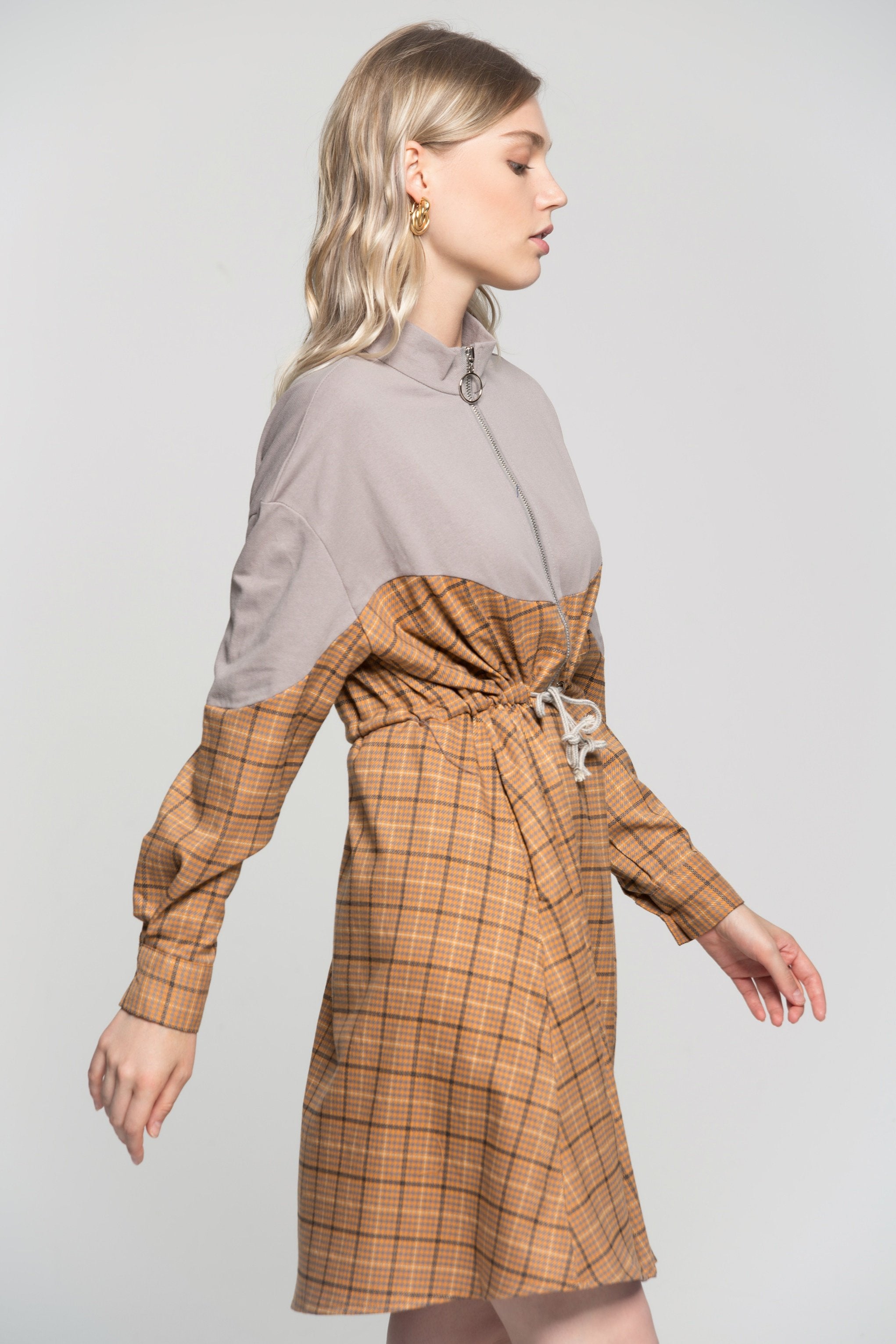 Heather Grey Zip Up Tattersall Print Drawstring Dress - ownthelooks-Development Heather Grey Zip Up Tattersall Print Drawstring Dress - ownthelooks-Development