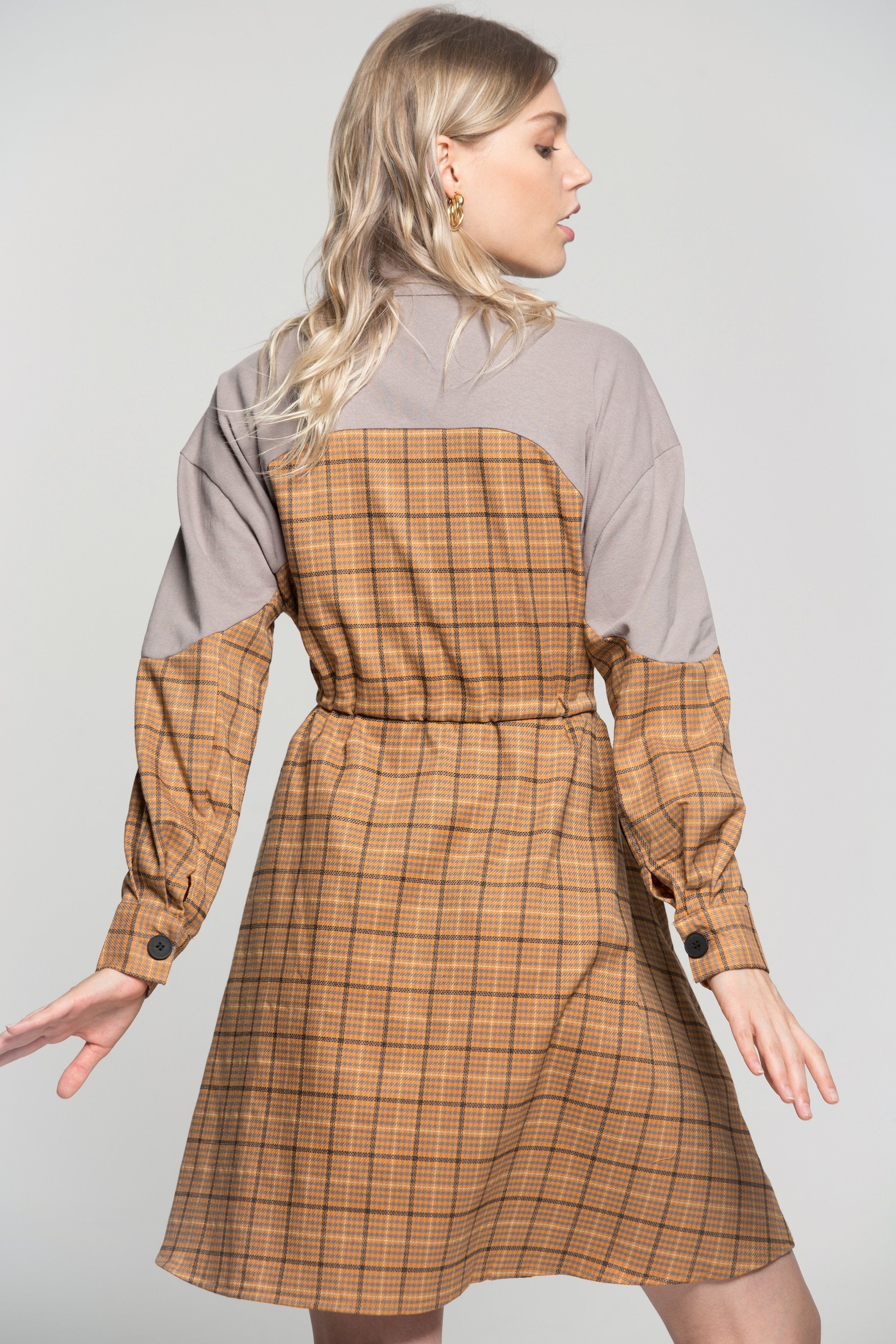 Heather Grey Zip Up Tattersall Print Drawstring Dress - ownthelooks-Development Heather Grey Zip Up Tattersall Print Drawstring Dress - ownthelooks-Development