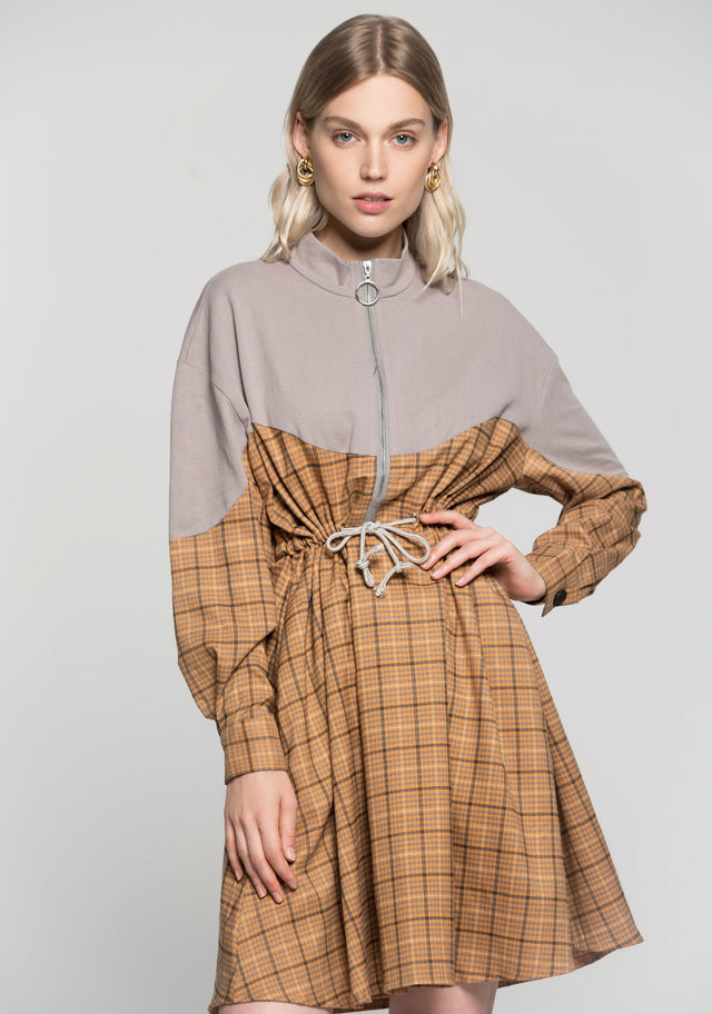 Heather Grey Zip Up Tattersall Print Drawstring Dress - ownthelooks-Development