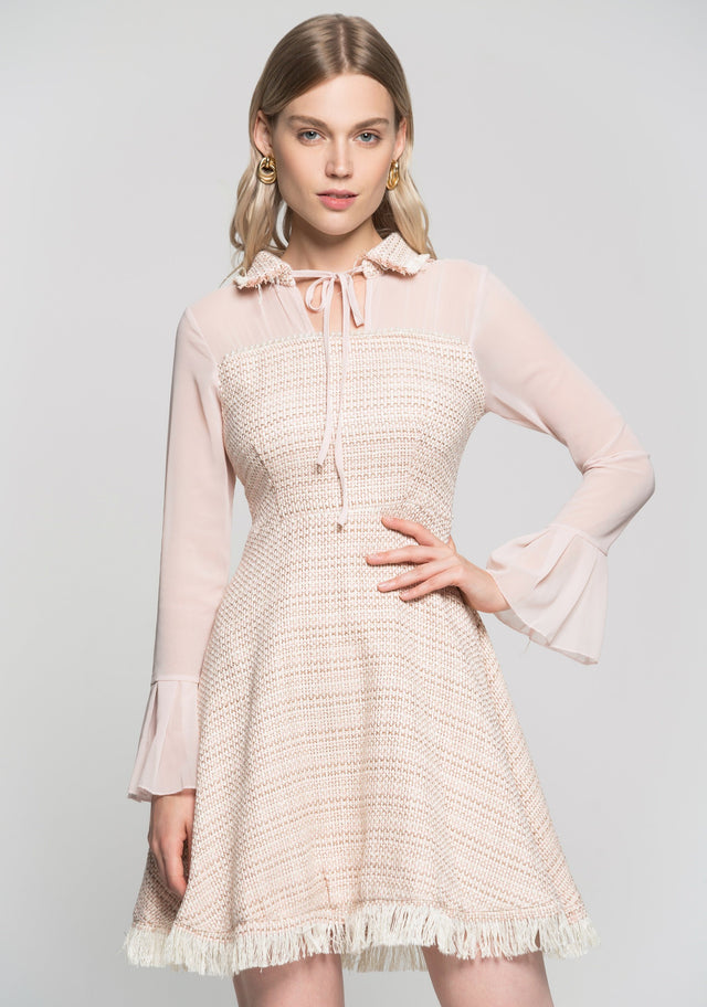 White Sheer Sleeves Tie Up Collar Tweed Dress - ownthelooks-Development