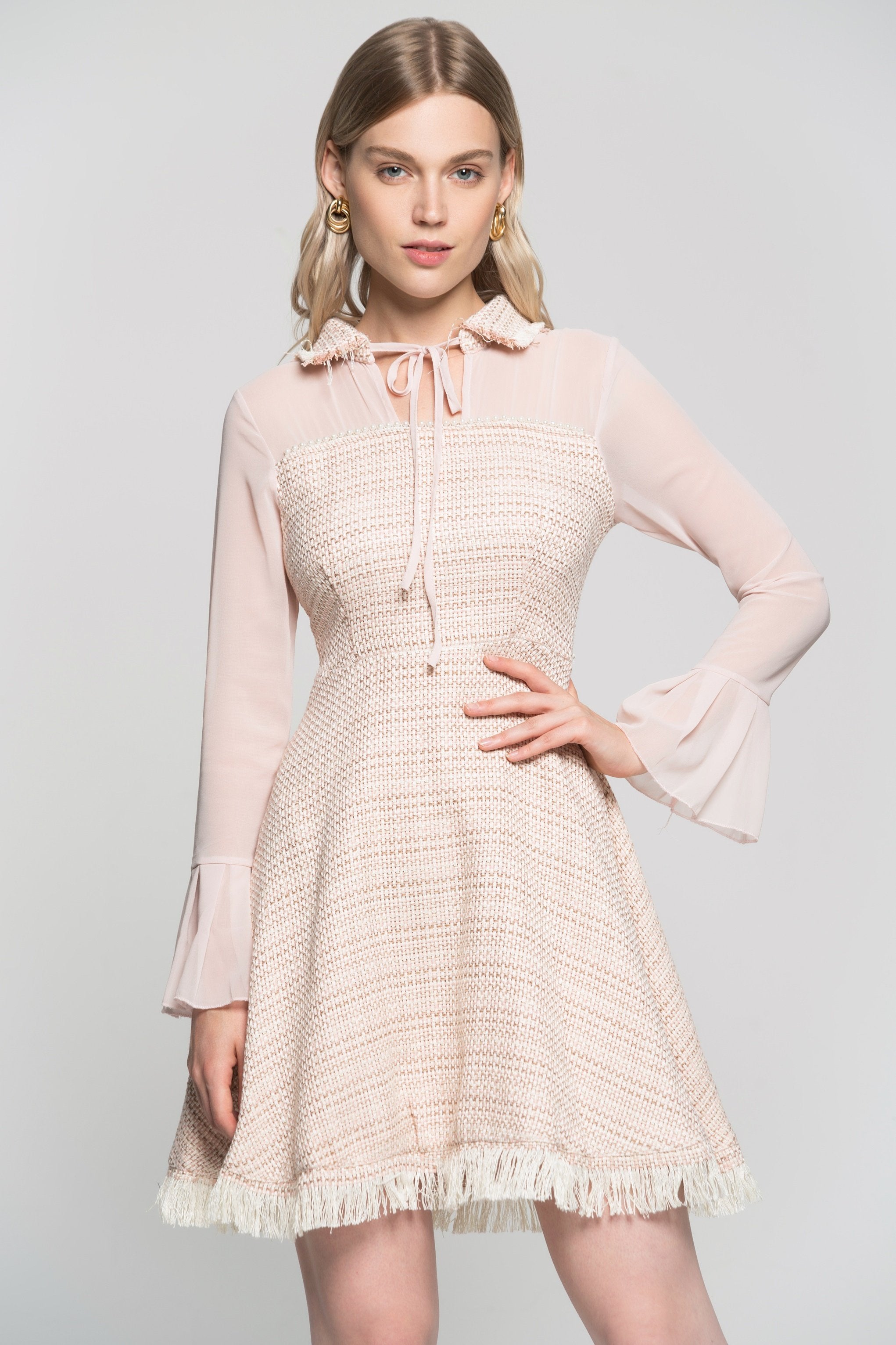 Blush Sheer Sleeves Tie Up Collar Tweed Dress - ownthelooks-Development Blush Sheer Sleeves Tie Up Collar Tweed Dress - ownthelooks-Development