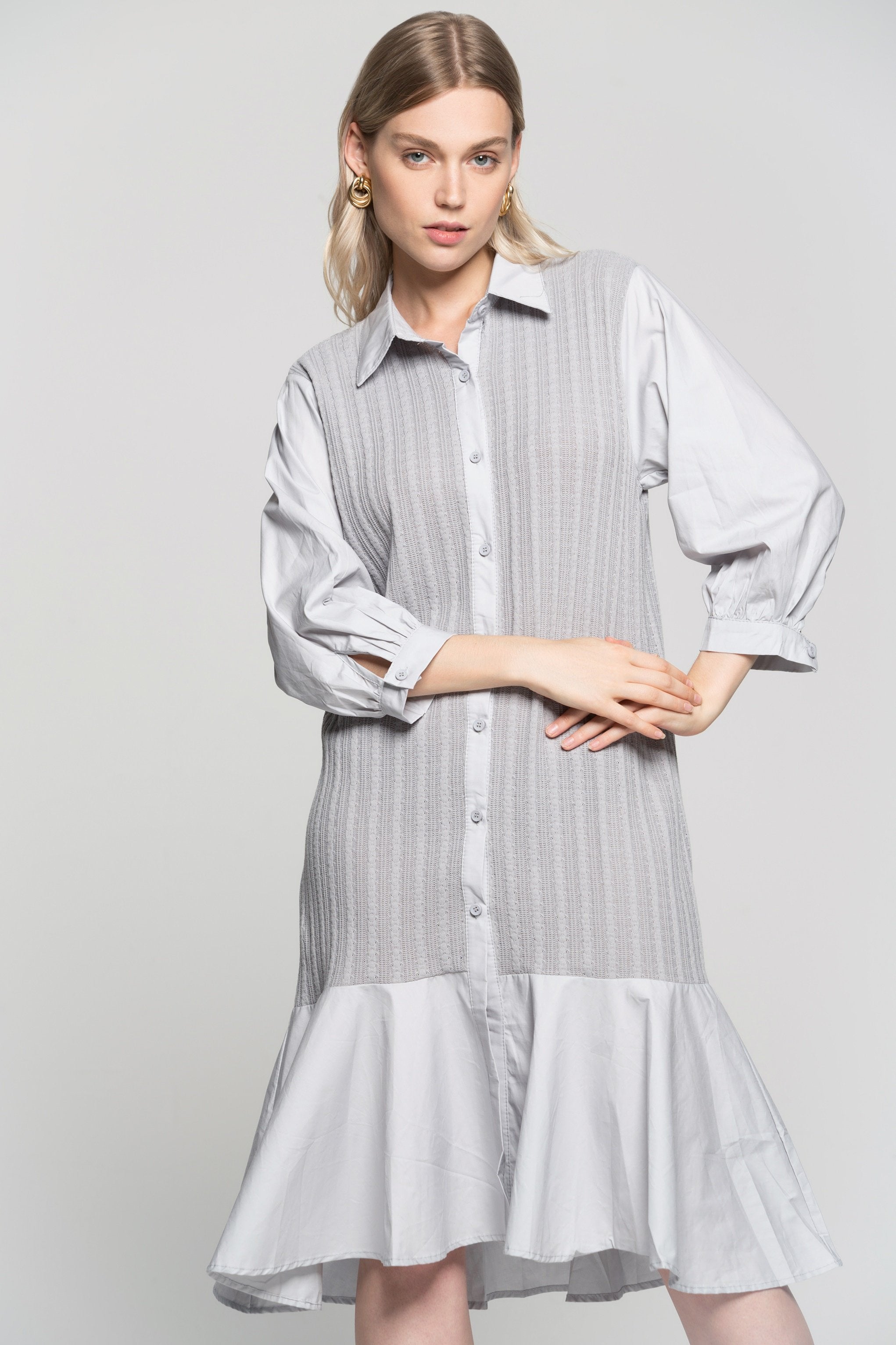 Grey Soft Button Up Pleated Midi Dress - ownthelooks-Development Grey Soft Button Up Pleated Midi Dress - ownthelooks-Development