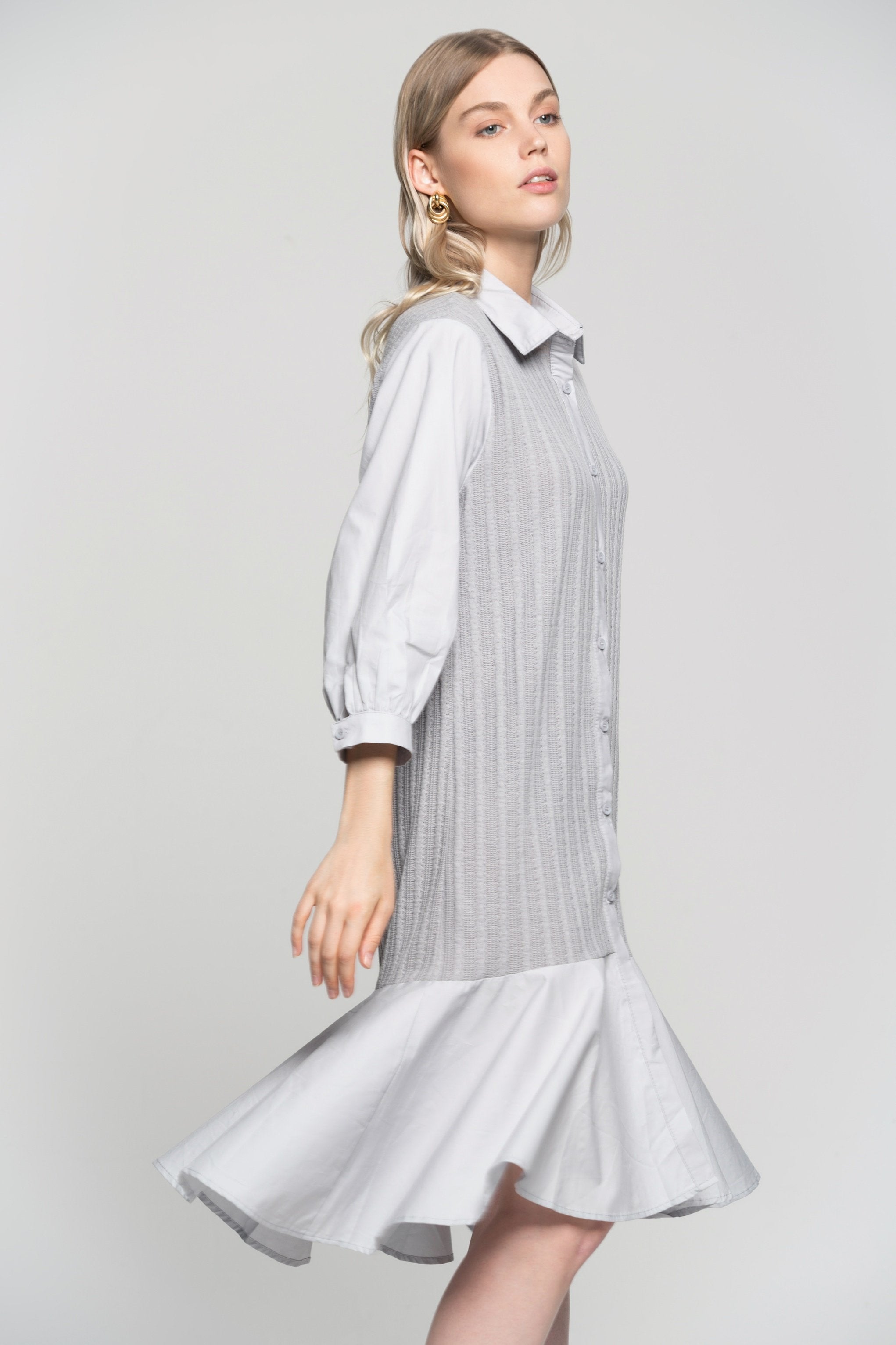 Grey Soft Button Up Pleated Midi Dress - ownthelooks-Development Grey Soft Button Up Pleated Midi Dress - ownthelooks-Development