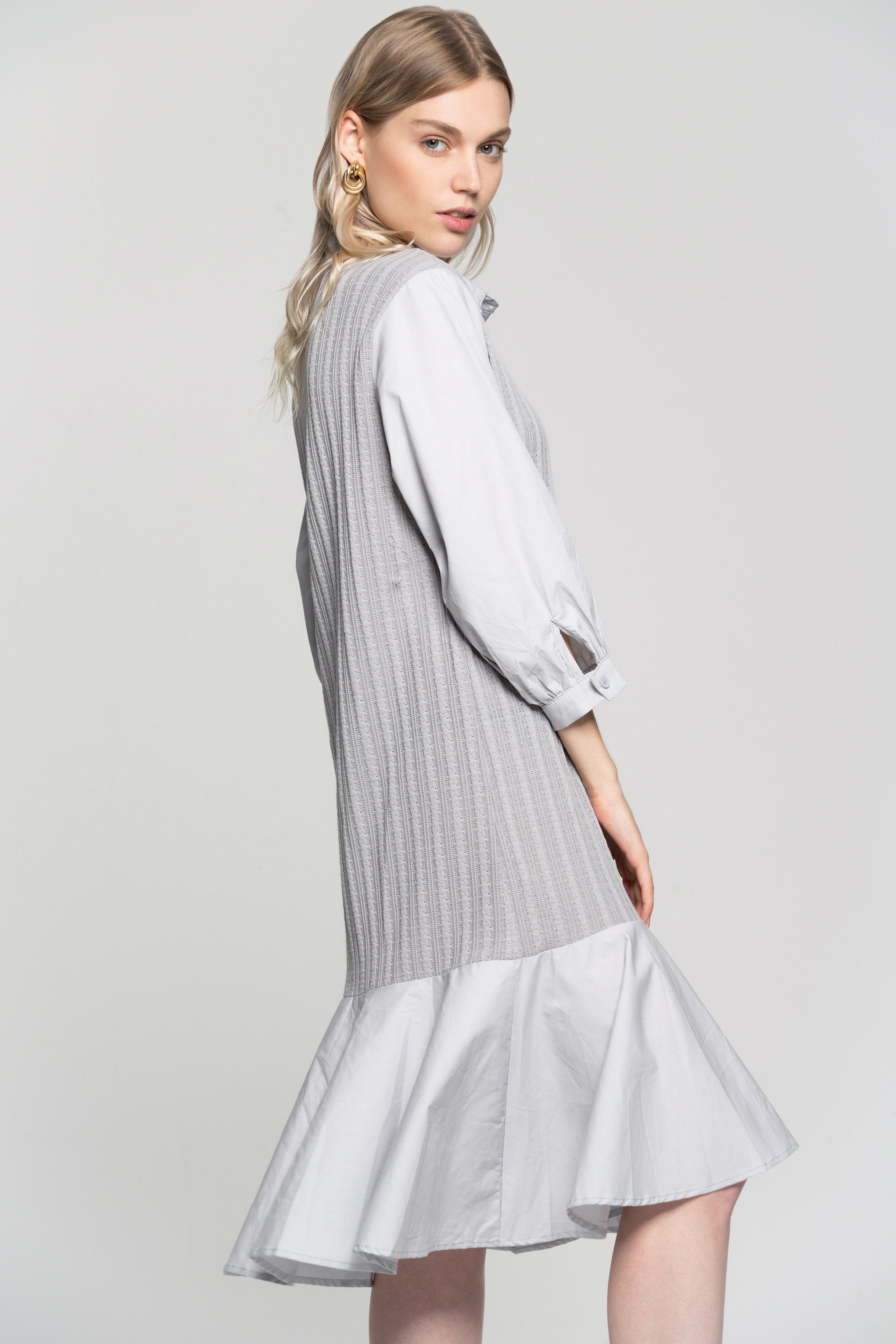 Grey Soft Button Up Pleated Midi Dress - ownthelooks-Development Grey Soft Button Up Pleated Midi Dress - ownthelooks-Development