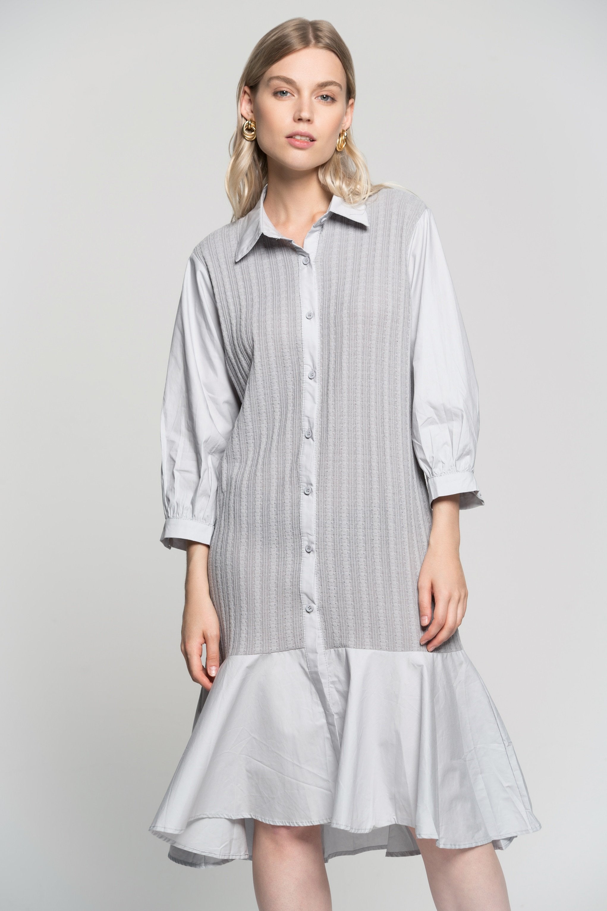 Grey Soft Button Up Pleated Midi Dress - ownthelooks-Development Grey Soft Button Up Pleated Midi Dress - ownthelooks-Development