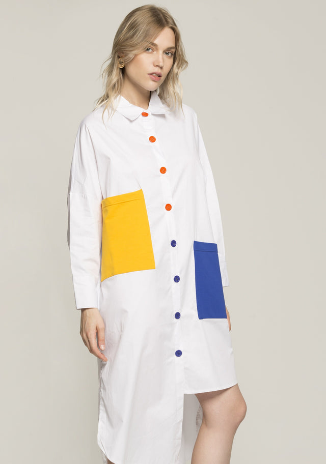 White Solid Asymmetrical Cut Colorful Pockets Long Shirt - ownthelooks-Development