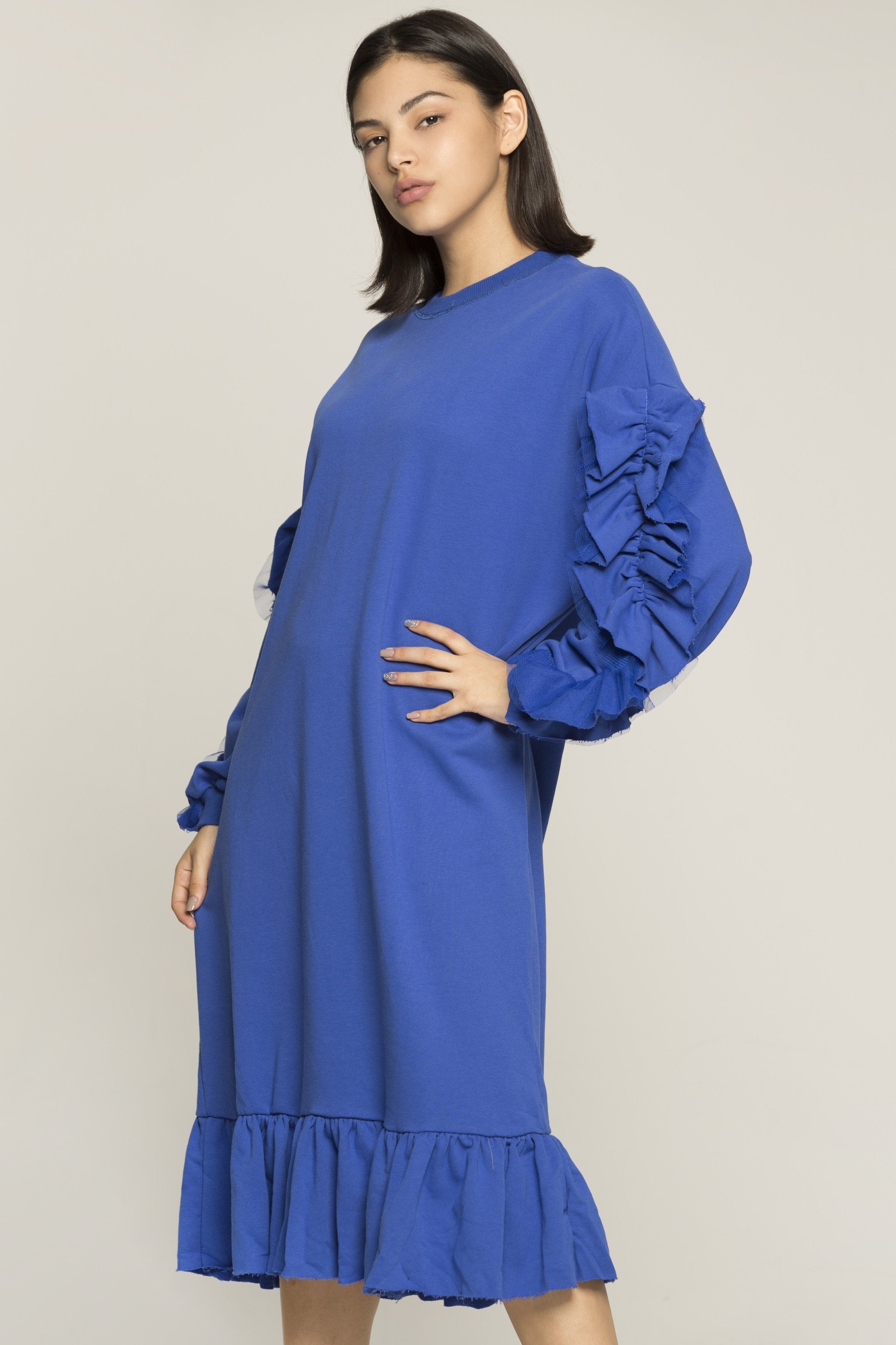 Zaffre Blue Full Sleeves Ruffled Midi Dress - ownthelooks-Development Zaffre Blue Full Sleeves Ruffled Midi Dress - ownthelooks-Development