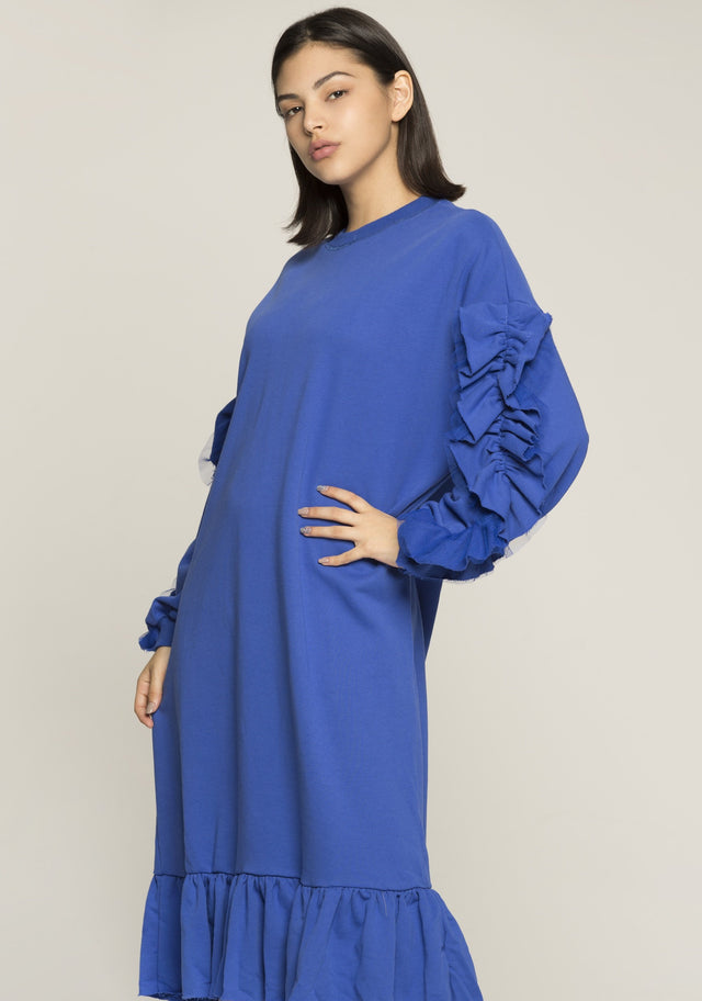 Zaffre Blue Full Sleeves Ruffled Midi Dress - ownthelooks-Development