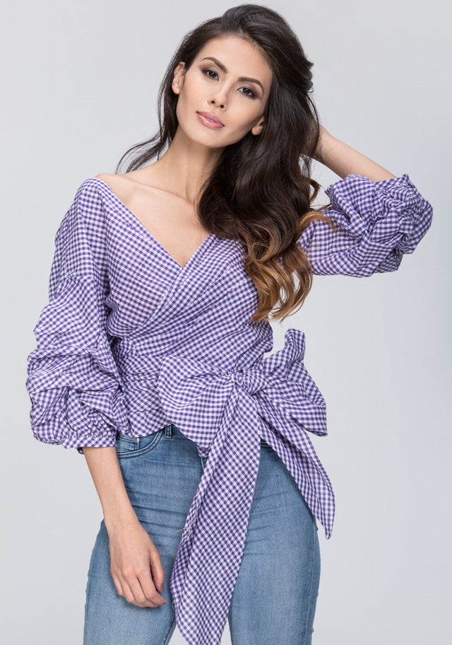 Funnel Checkered Wrap Top - ownthelooks-Development