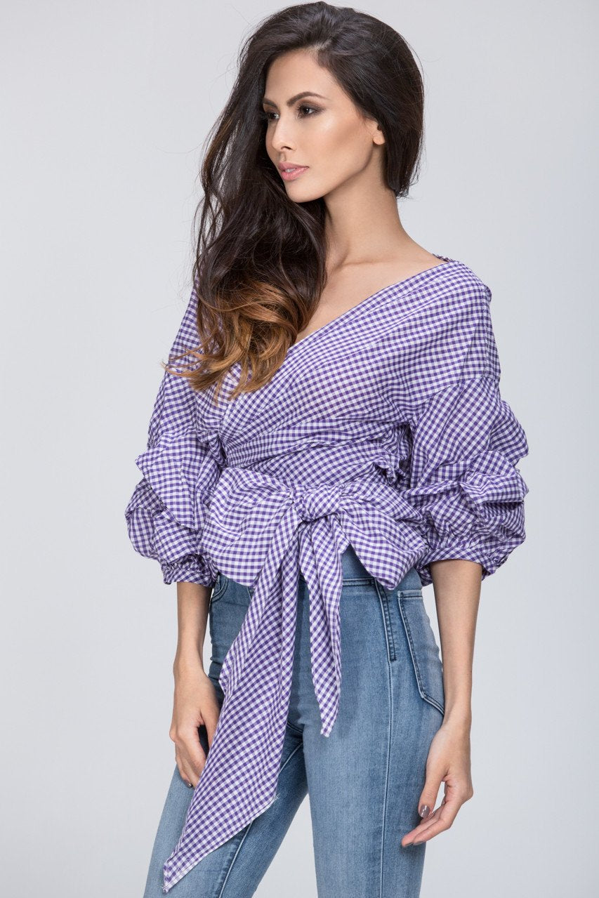 Funnel Checkered Wrap Top - ownthelooks-Development