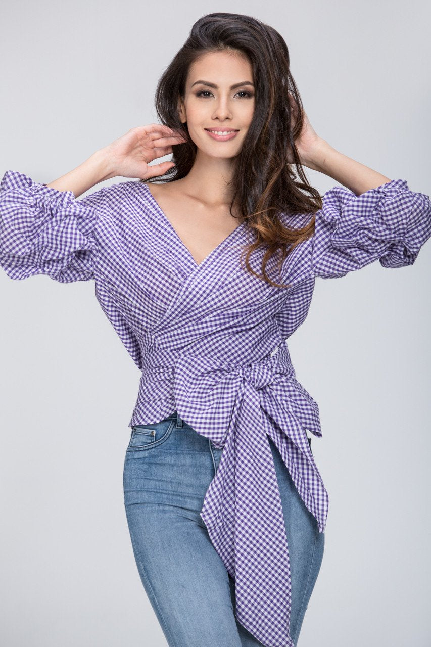 Funnel Checkered Wrap Top - ownthelooks-Development