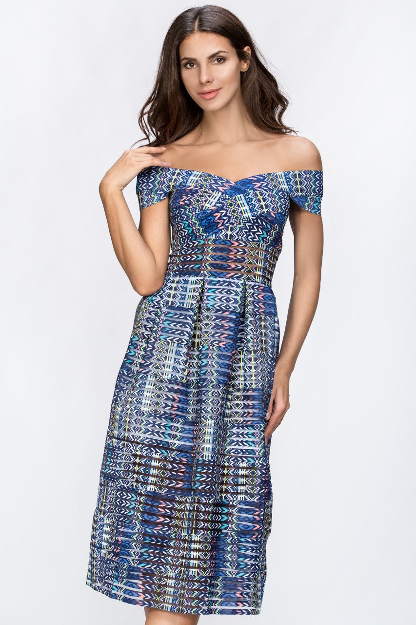 Blue Pattern Off the Shoulder Midi Dress - ownthelooks-Development