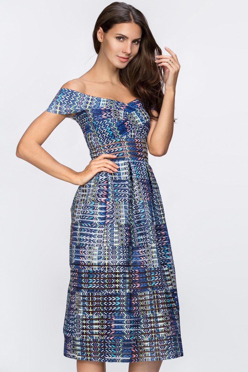 Blue Pattern Off the Shoulder Midi Dress - ownthelooks-Development
