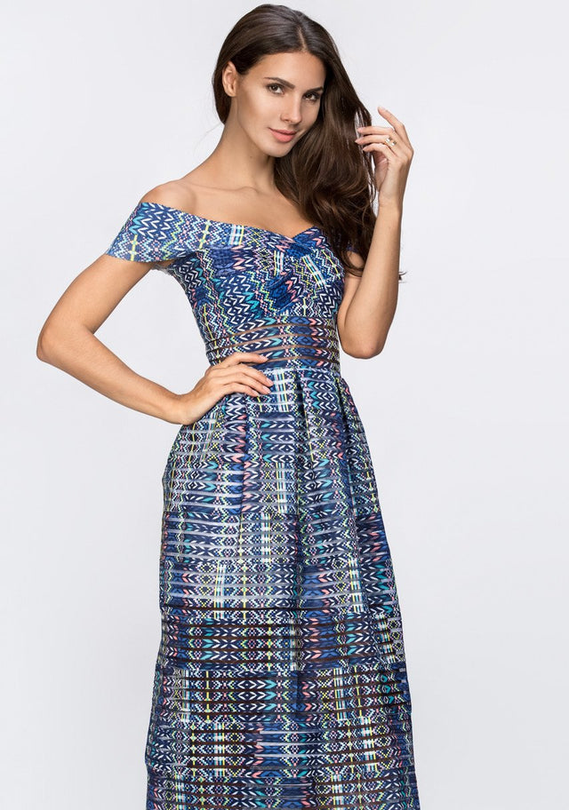 Blue Pattern Off the Shoulder Midi Dress - ownthelooks-Development