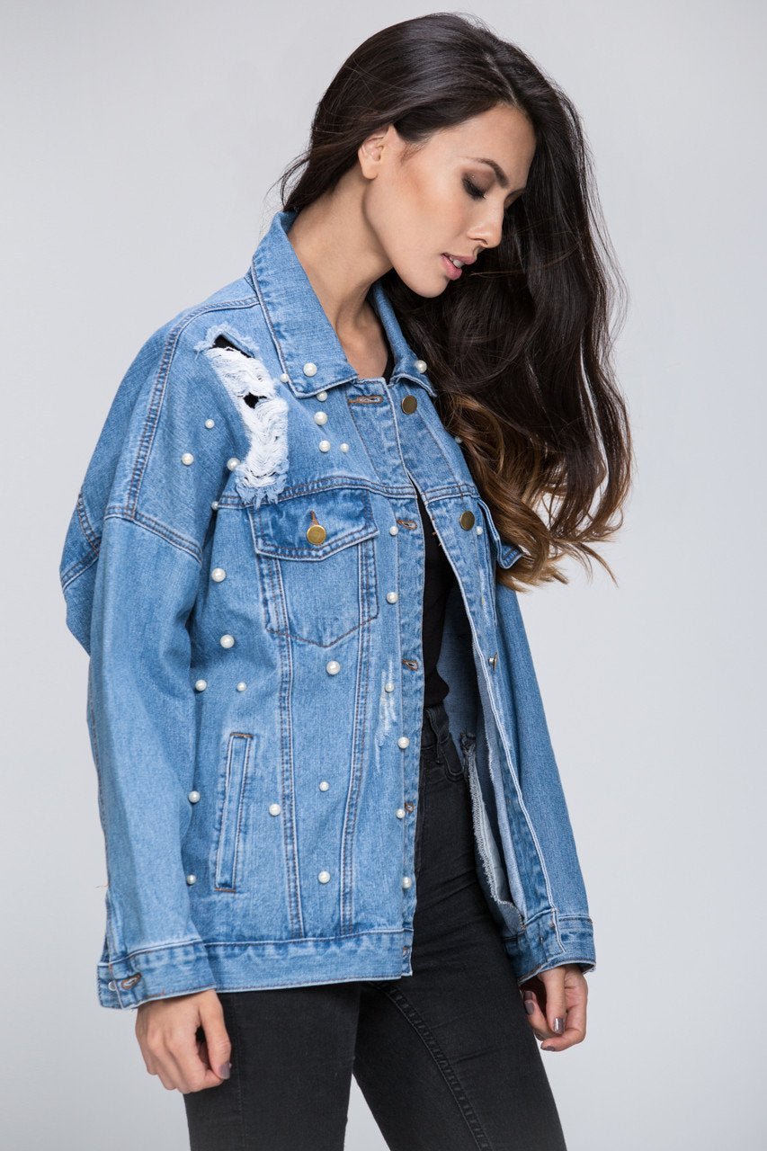Denim Pearl Detail Jacket - ownthelooks-Development