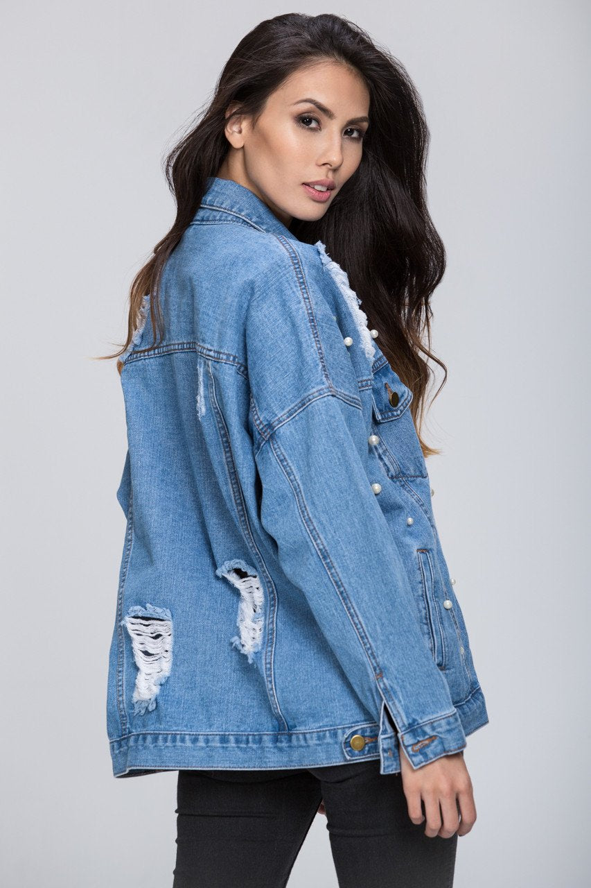 Denim Pearl Detail Jacket - ownthelooks-Development