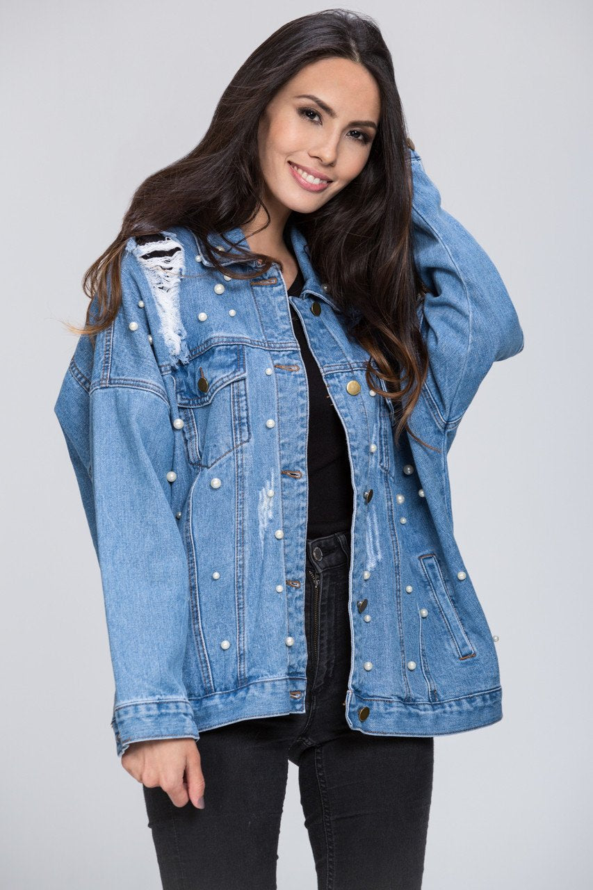 Denim Pearl Detail Jacket - ownthelooks-Development