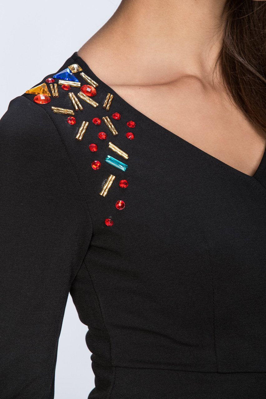 Black Encrusted Peplum Midi Dress - ownthelooks-Development