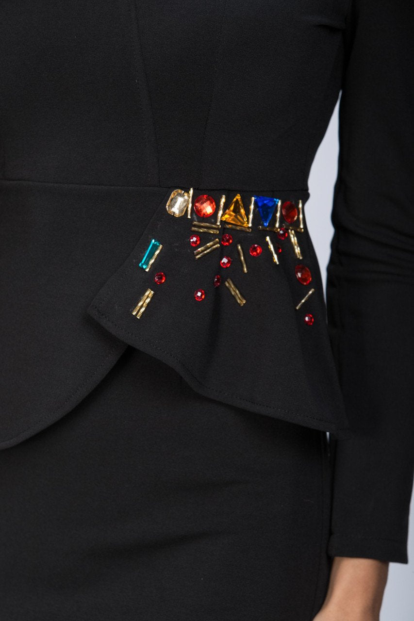 Black Encrusted Peplum Midi Dress - ownthelooks-Development