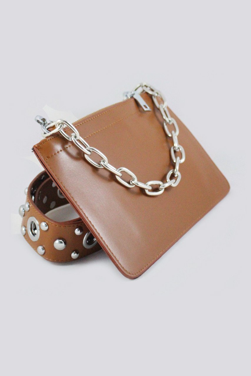 Tan Studded Wide Strap Crossbody Sling Purse - ownthelooks-Development