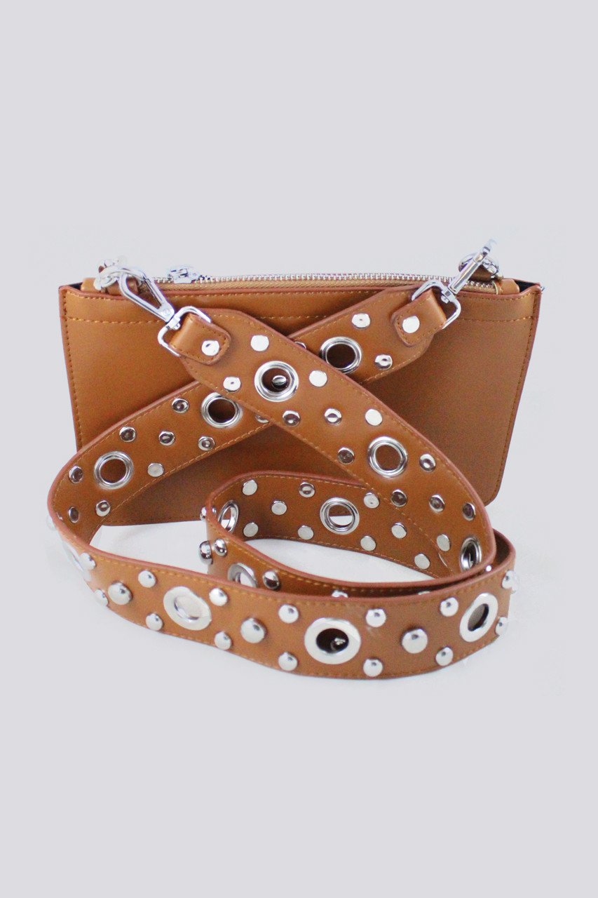 Tan Studded Wide Strap Crossbody Sling Purse - ownthelooks-Development