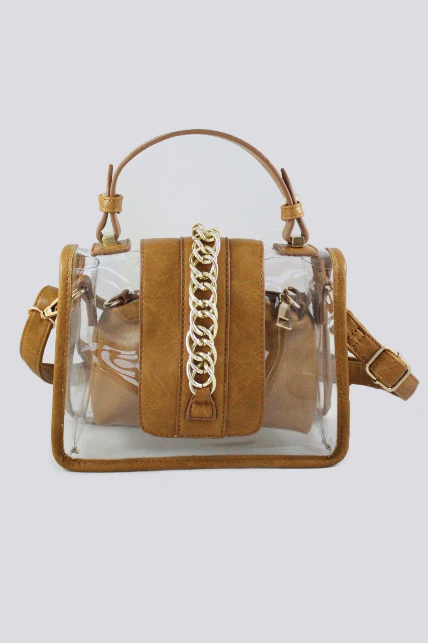 Brown Trim Chain Transparent Handbag - ownthelooks-Development