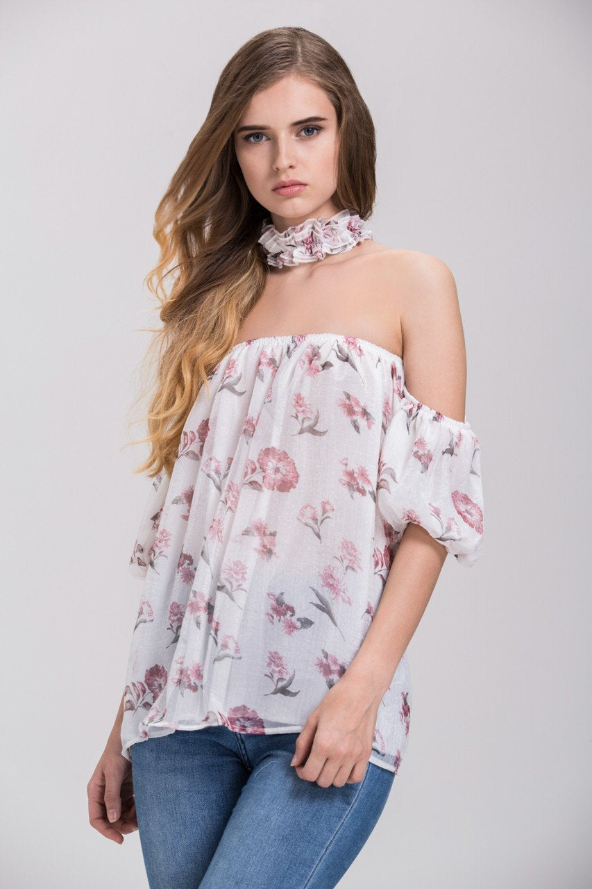 TheHala - Floral Ruffled Choker Off the Shoulder Top - ownthelooks-Development