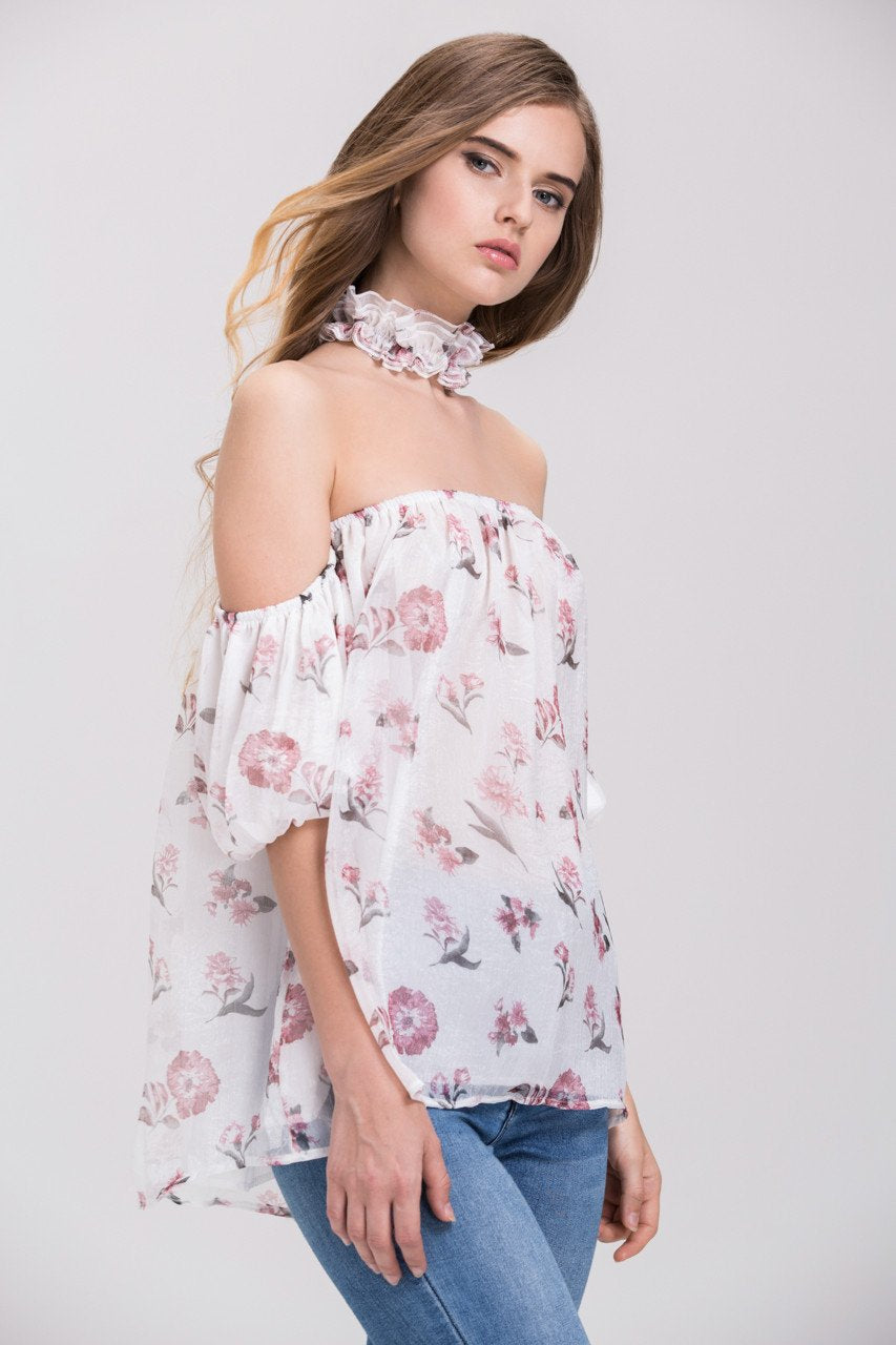 TheHala - Floral Ruffled Choker Off the Shoulder Top - ownthelooks-Development