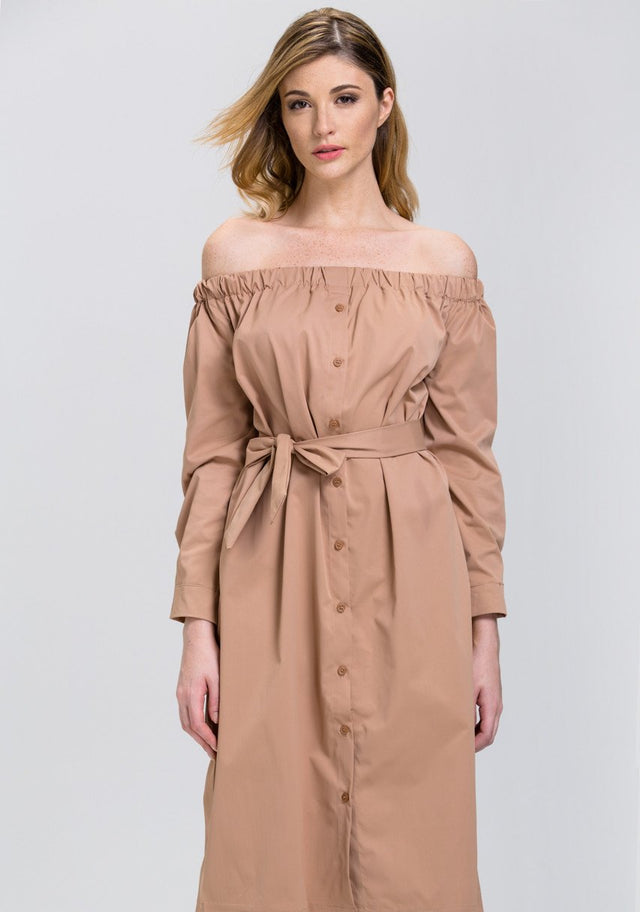 Mocha Sleeved Off the Shoulder Button Down Midi Dress - ownthelooks-Development