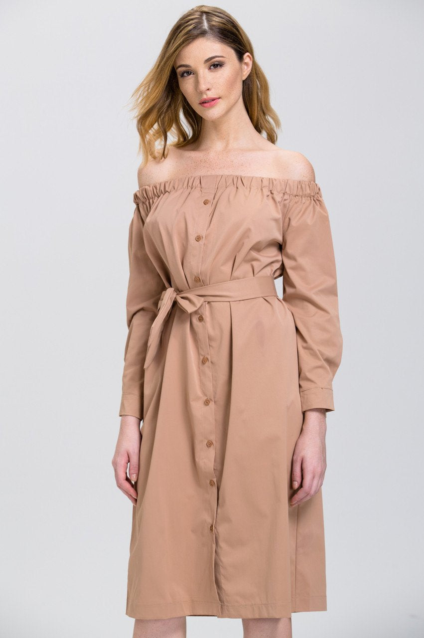 Mocha Sleeved Off the Shoulder Button Down Midi Dress - ownthelooks-Development
