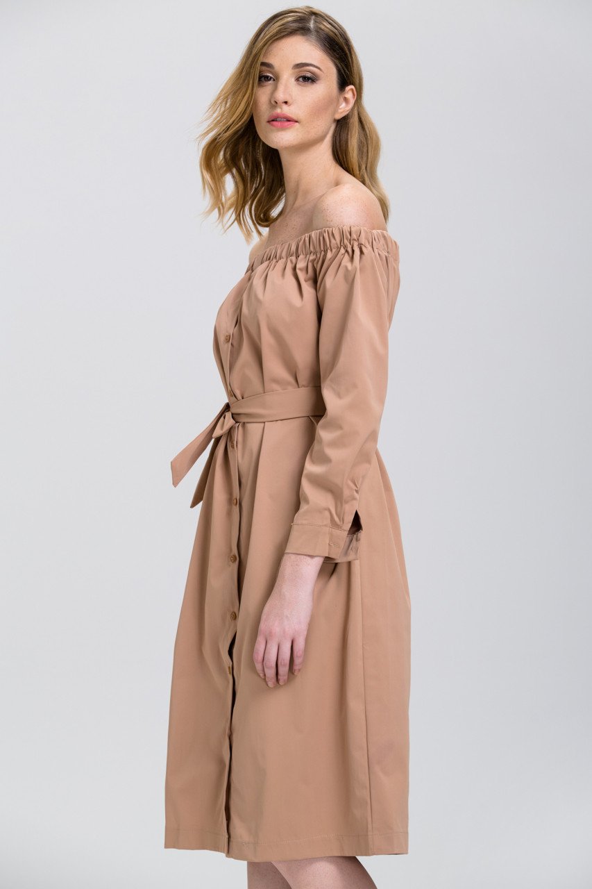 Mocha Sleeved Off the Shoulder Button Down Midi Dress - ownthelooks-Development