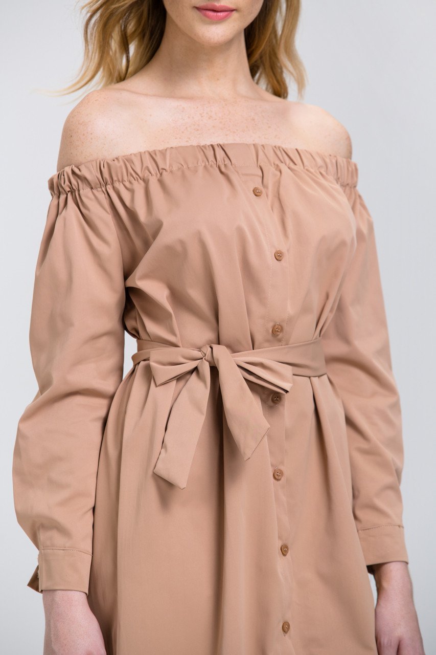 Mocha Sleeved Off the Shoulder Button Down Midi Dress - ownthelooks-Development