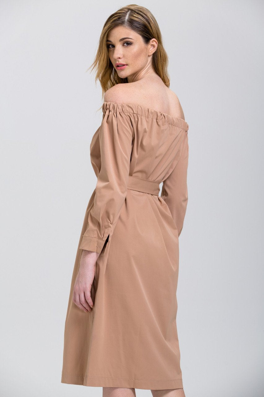 Mocha Sleeved Off the Shoulder Button Down Midi Dress - ownthelooks-Development
