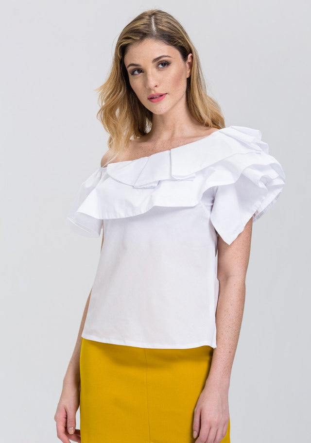 White One-Shoulder Ruffle Tiered Top - ownthelooks-Development