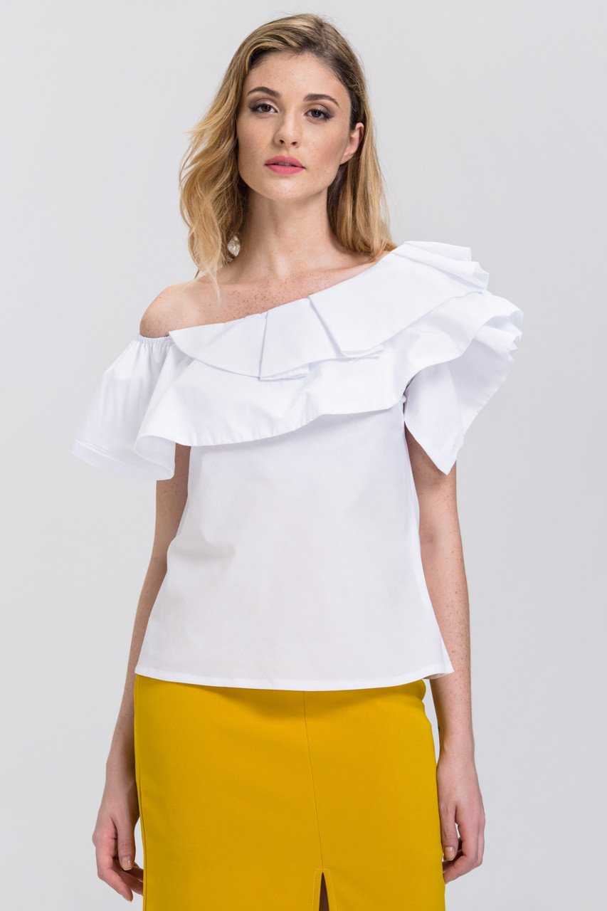 White One-Shoulder Ruffle Tiered Top - ownthelooks-Development