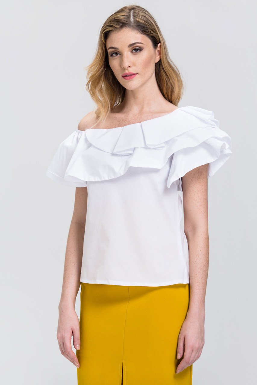 White One-Shoulder Ruffle Tiered Top - ownthelooks-Development