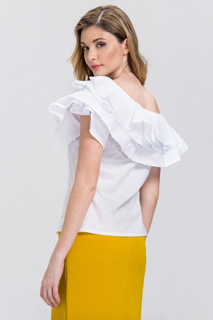 White One-Shoulder Ruffle Tiered Top - ownthelooks-Development